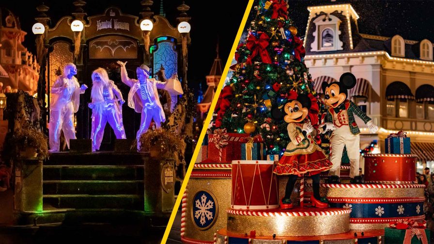 Boo To You Halloween Parade float with Haunted Mansion hitchhiking ghosts and Mickey and Minnie on a float from the Once Upon a Christmastime Parade