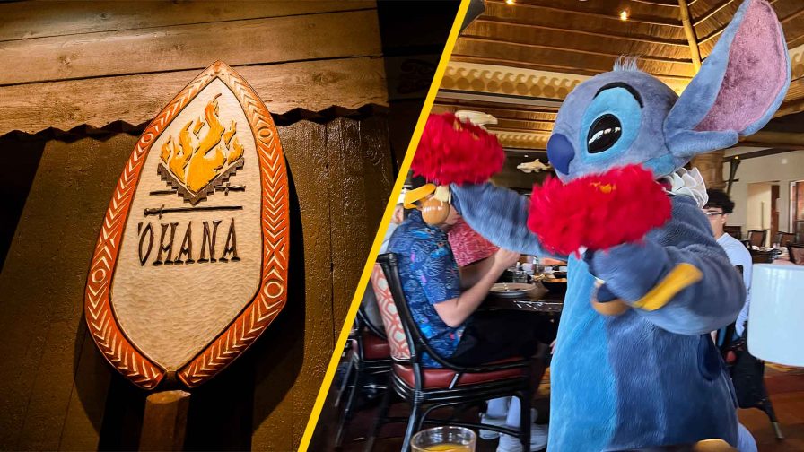 'Ohana restaurant sign and Stitch dancing around the restaurant