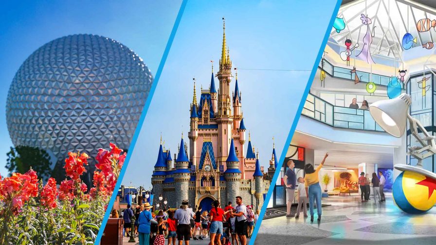 EPCOT Spaceship Earth with Flowers in Foreground, Cinderella Castle with foreground crowd, concept art of Pixar Palace Hotel