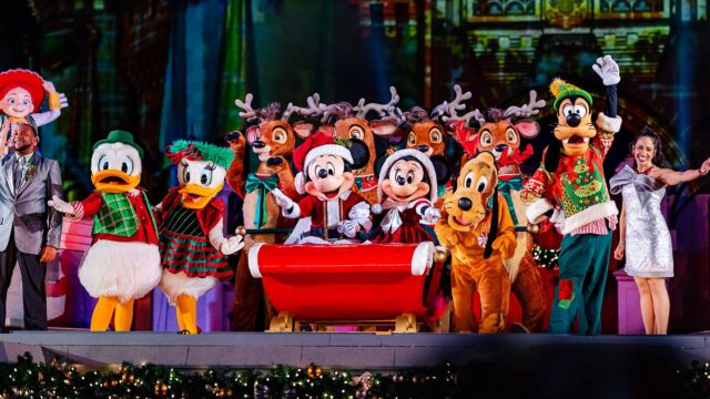 Mickey & Minnie Mouse dressed as Santa and Mrs. Claus, celebrate the holiday season in a live stage show during Mickey's Very Merry Christmas Party.